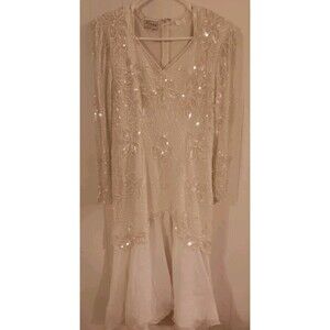 Vintage Stenay Beaded/Sequined Ivory Silk Formal Dress Wedding Gown Sz 8 Women